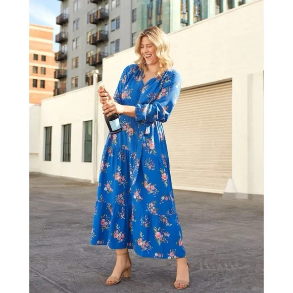 Loft Floral Tiered Maxi Dress Blue Long Balloon Sleeve Belted Full Length Size 2 - Picture 11 of 12